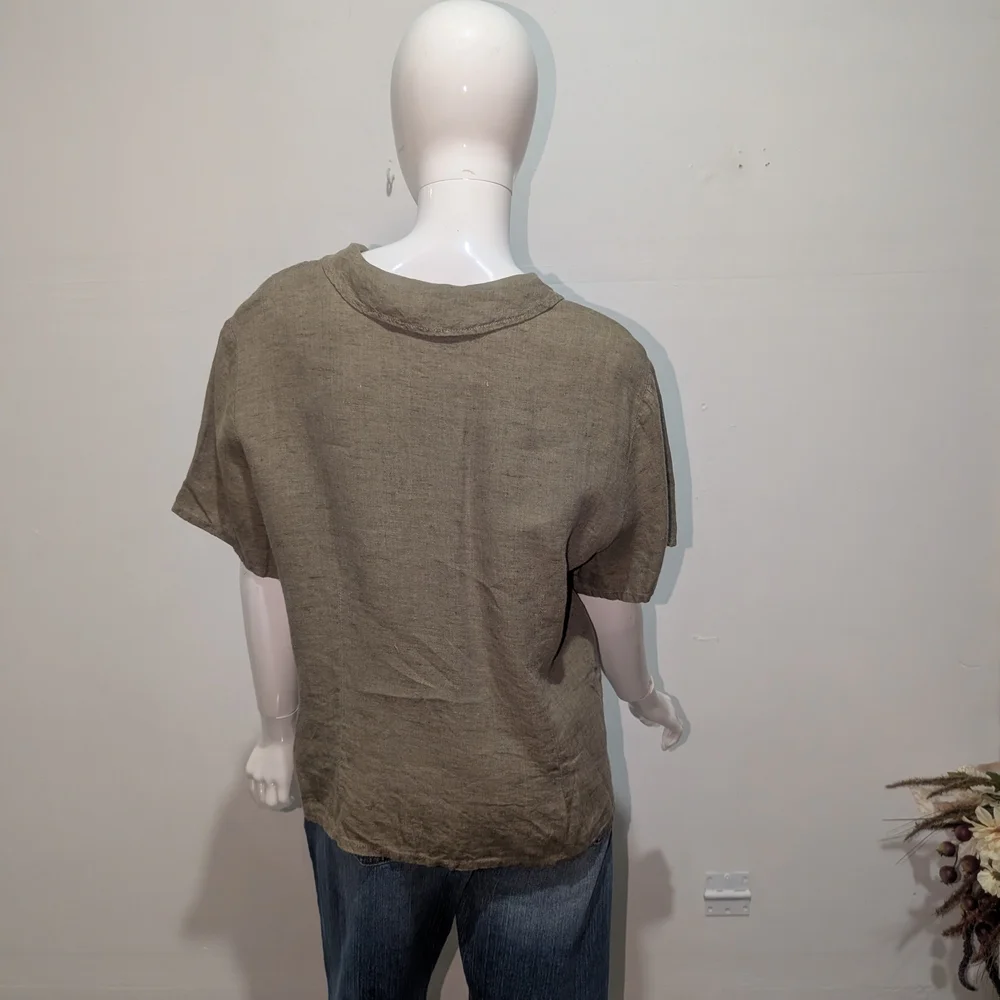 Flax Olive Green Button-Up Linen Top Size medium - Picture 5 of 6
